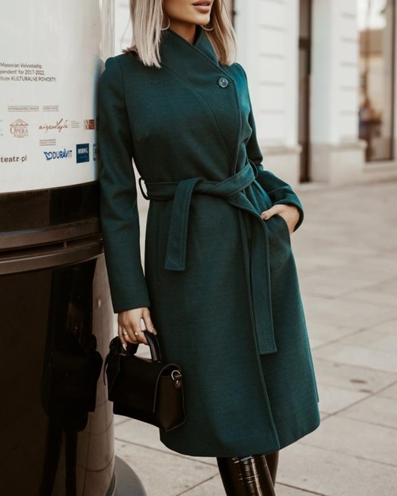 

Pocket Design Long Sleeve Belted Coat, Green