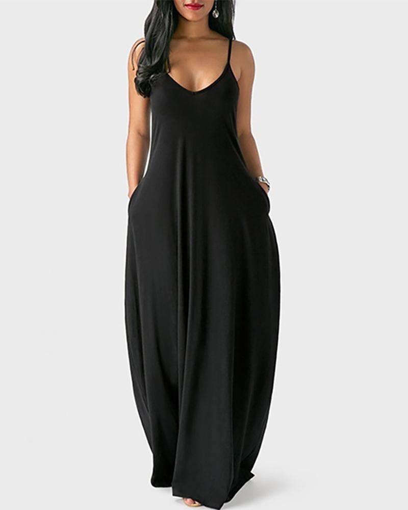 

Plus Size Pocket Design V-Neck Spaghetti Strap Maxi Dress, Black