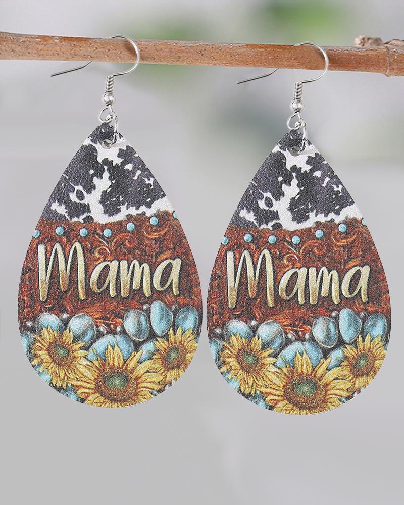 

1Pair Mother's Day Mama Sunflower Print Cowboy Style Waterdrop Earrings, Multicolor