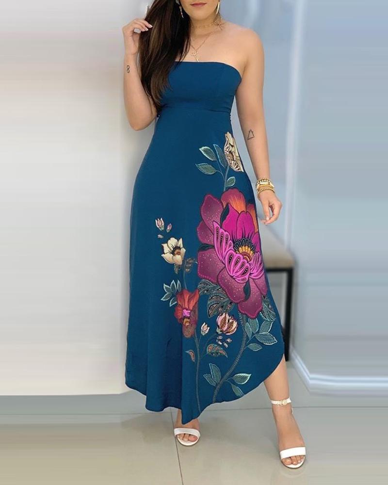 

Floral Print Bandeau Tied Detail Maxi Dress, Dark blue