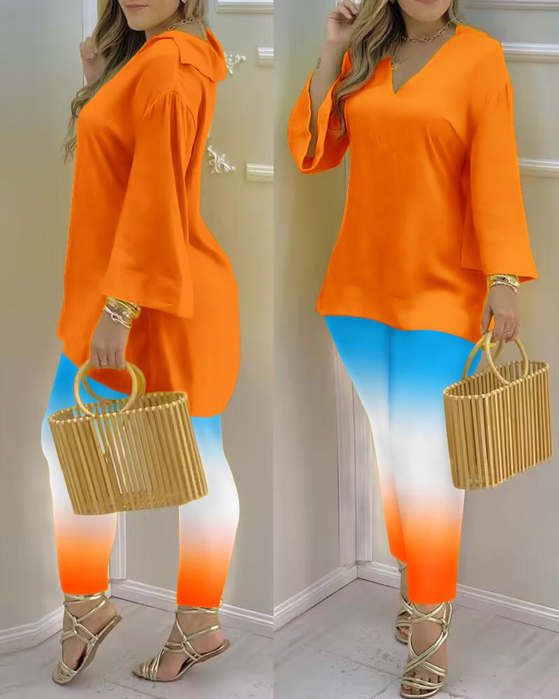 

Bell Sleeve V-Neck Casual Top & Ombre Pants Set, Orange