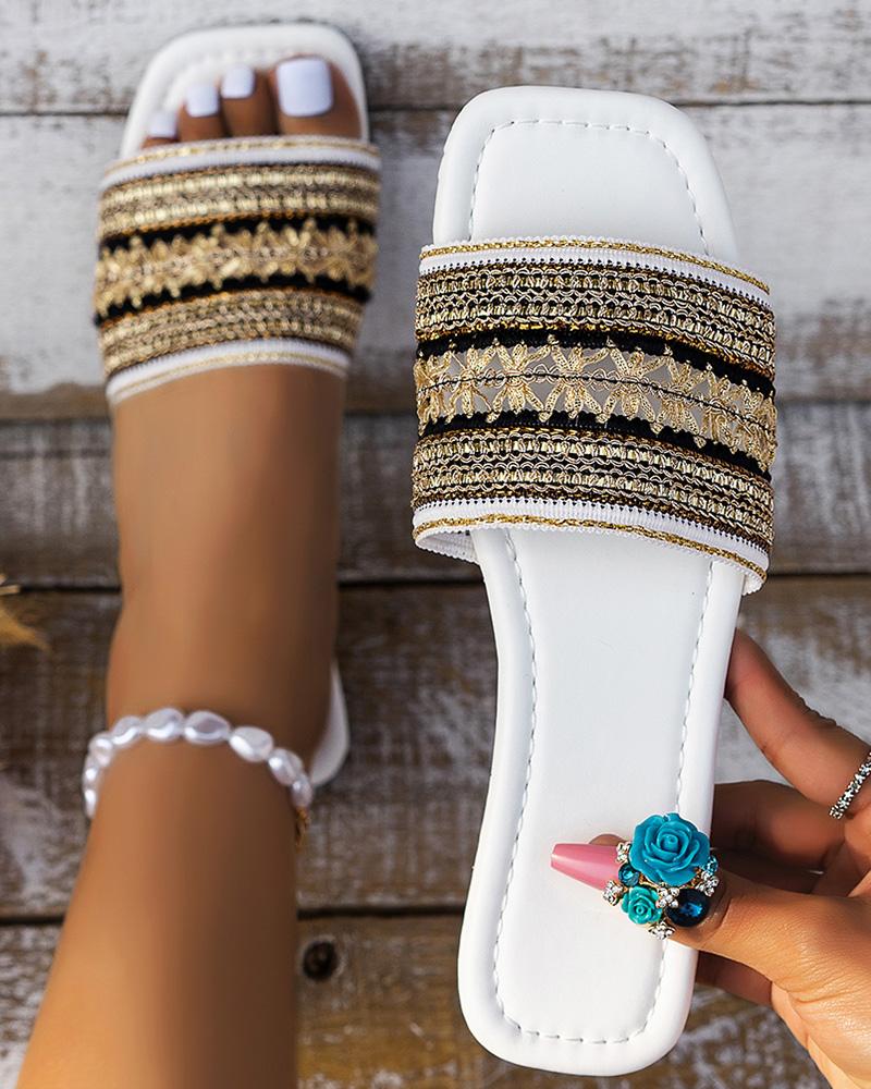 

Bohemian Tribal Wide Strap Beach Slippers, White
