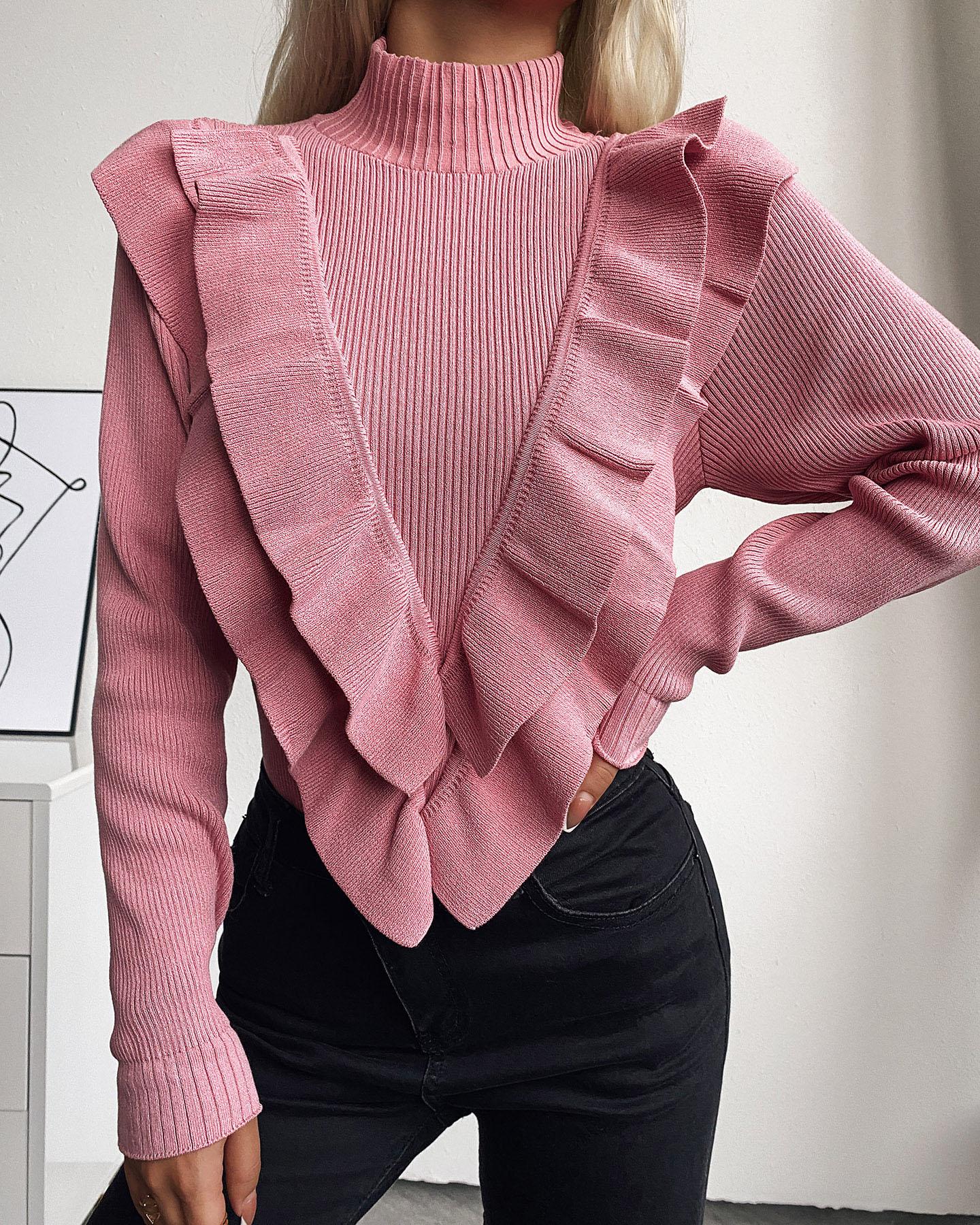 

Long Sleeve Ribbed Layered Ruffles Top, Pink