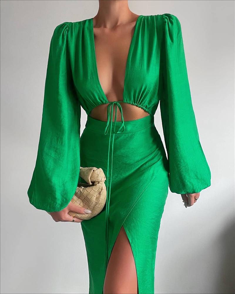

Lantern Sleeve Tied Detail Cutout Slit Party Dress, Green
