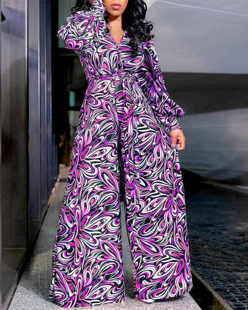 

Plus SizeAll Over Print Wide Leg Belted Jumpsuit, Purple