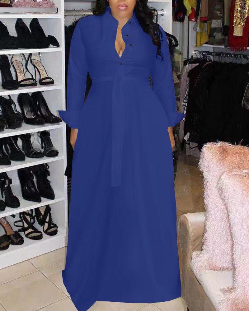 

Long Sleeve Button Front Belted Shirt Dress, Blue
