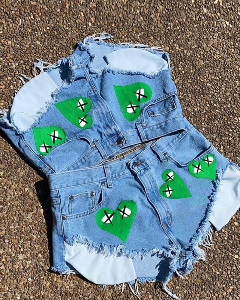 

Fringe Hem Heart Print Pocket Design Denim Shorts, Green