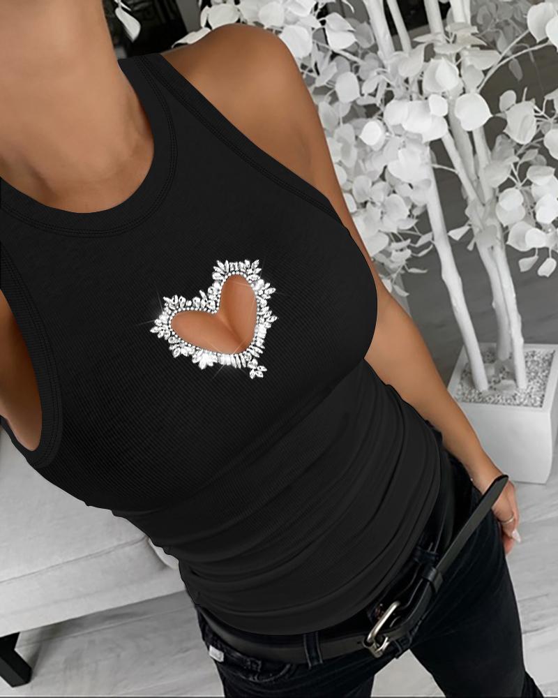 

Top sin mangas con diamantes de imitación y corazón hueco, Black