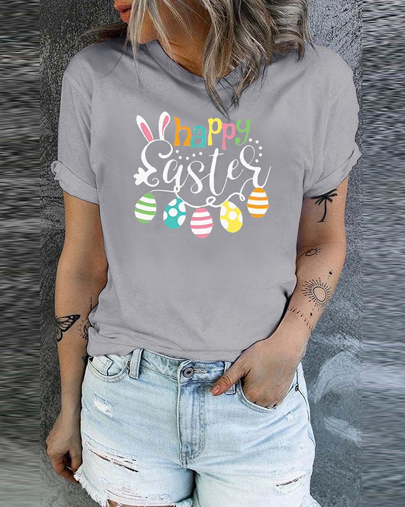 

Happy Easter Bunny Eggs Print T-shirt Holiday Graphic Tee, Gray