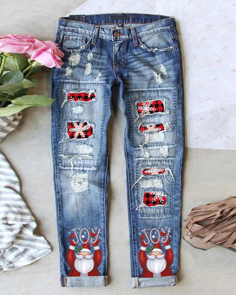 

Christmas Joy Santa Claus Snowflake Print Ripped Jeans, Blue