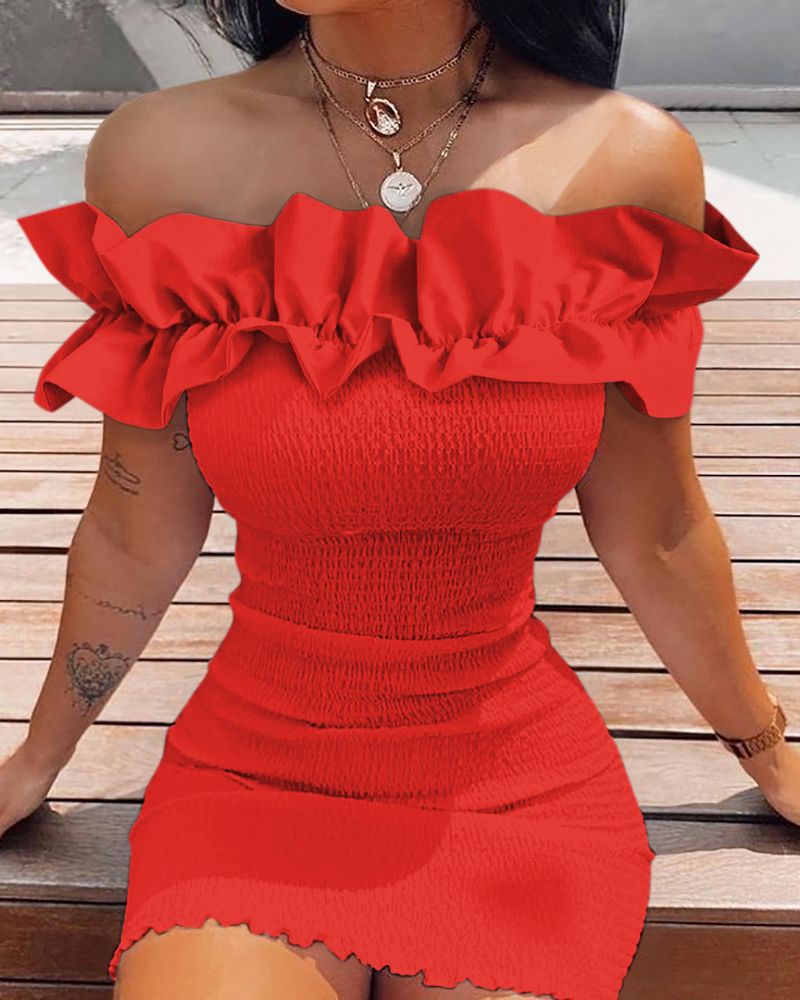 

Ruffle Hem Shirred Off Shoulder Bodycon Dress, Red