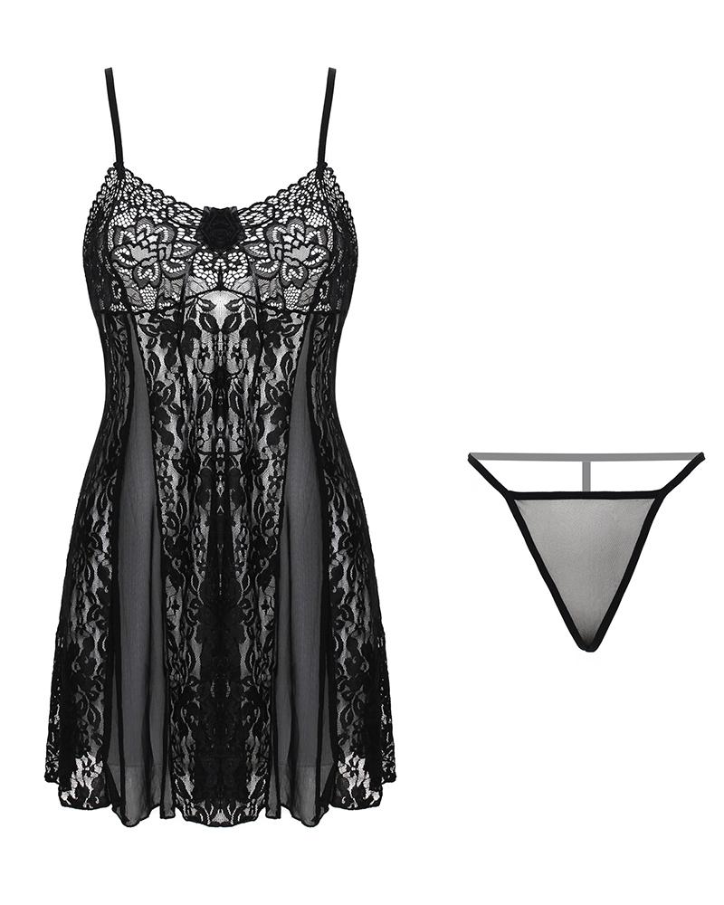 

Sheer Mesh Patch Spaghetti Strap Babydoll With Panty, Black