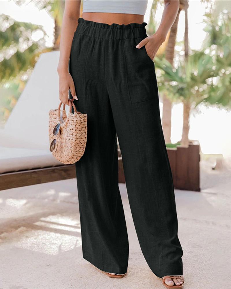 

Patch Pocket Frill Hem High Waist Pants, Black