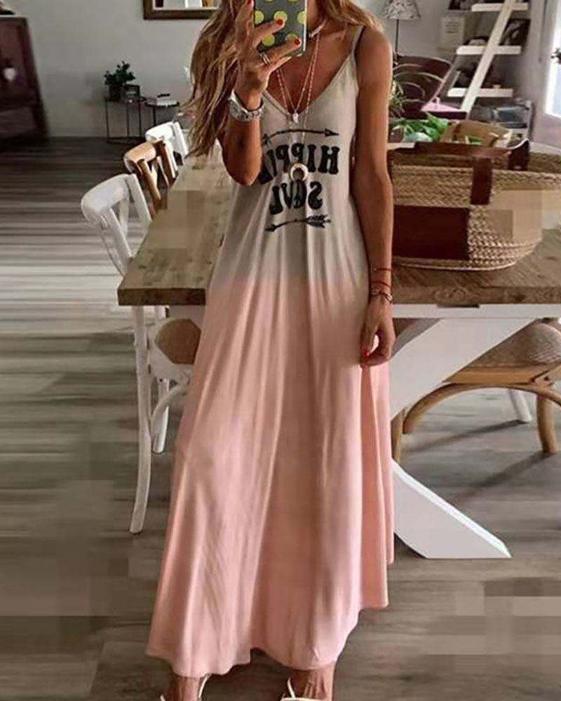 

Letter Print Colorblock V-Neck Maxi Dress, Pink
