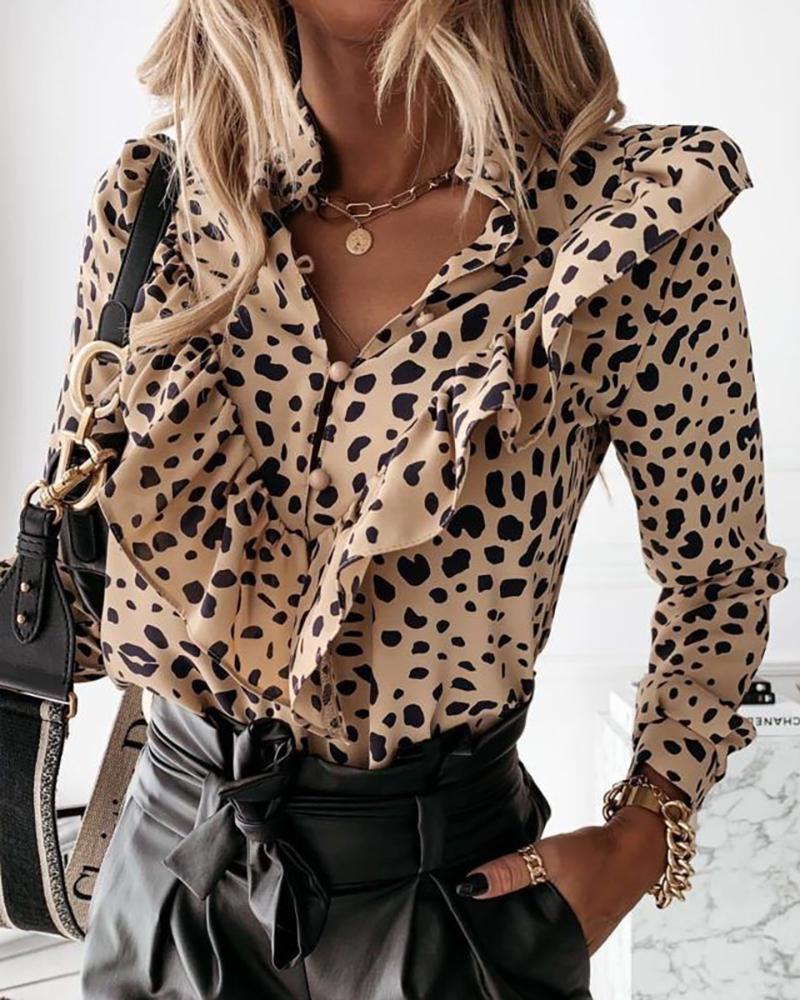 

Cheetah Print Ruffle Hem Long Sleeve Top, Leopard