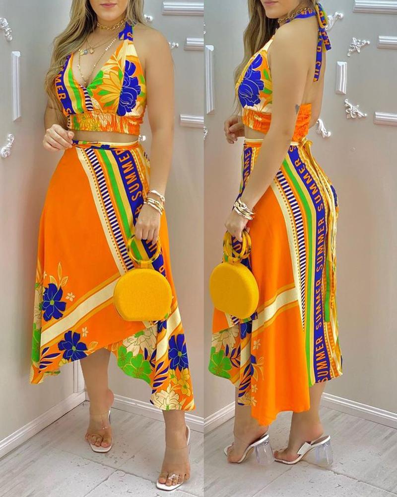

Floral Letter Print Halter Shirred Top & Asymmetrical Trim Skirt Set, Orange