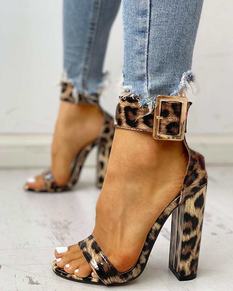 

Snakeskin / Floral Print Ankle Buckled Chunky Heels, Leopard