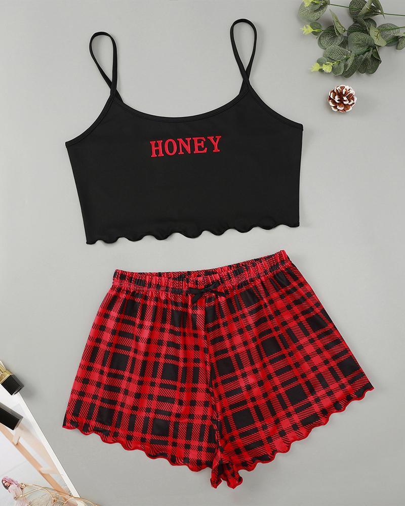 

Letter Plaid Print Bow Decor Cami Set, Red