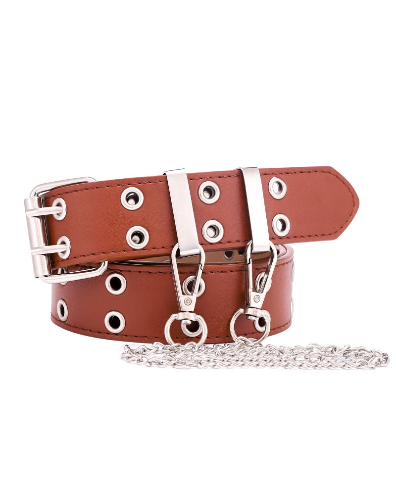 

1pc Hip Hop Punk Eyelet PU Leather Belt With Chain, Brown