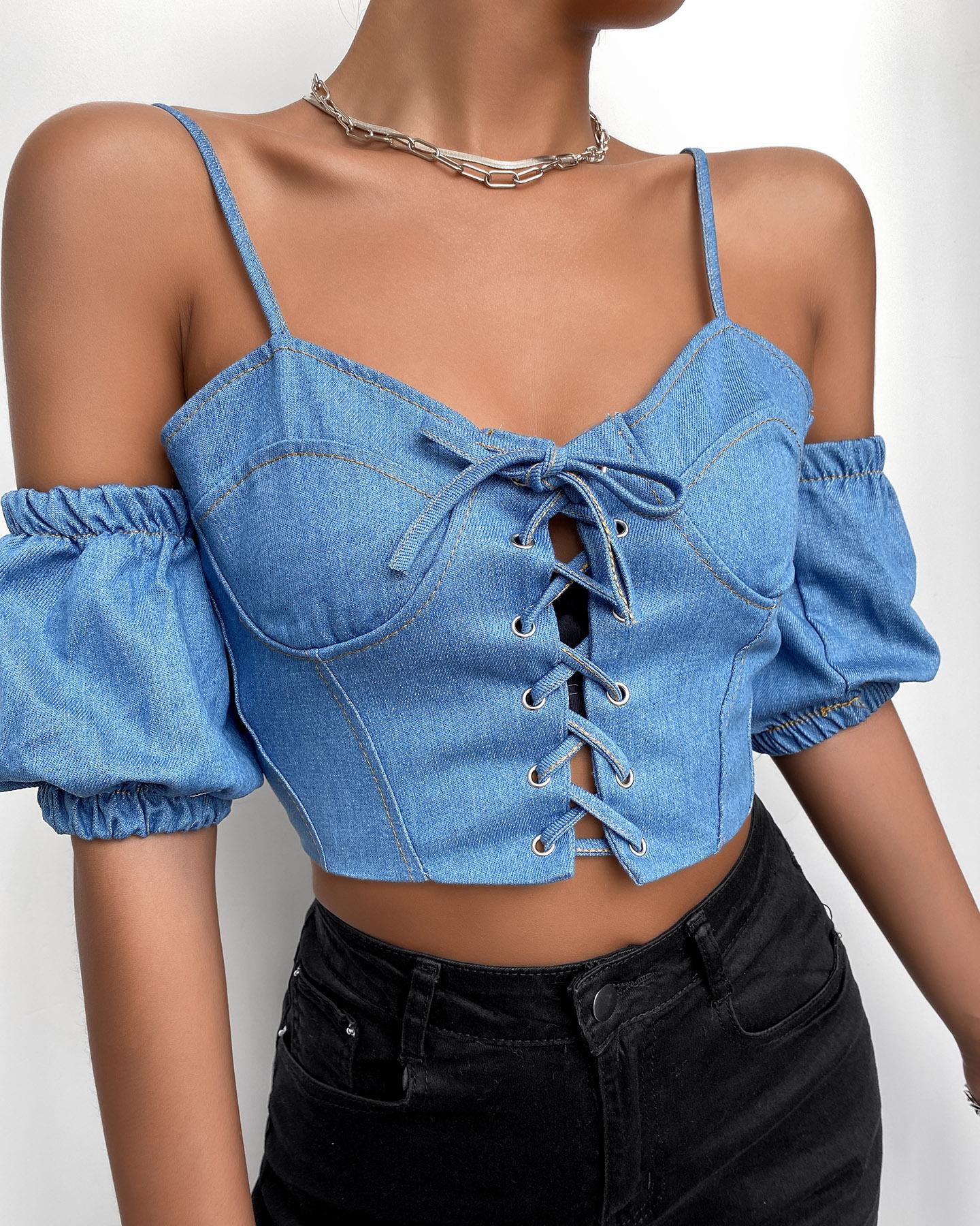 

Cold Shoulder Eyelet Lace Up Zip Back Denim Top, Blue