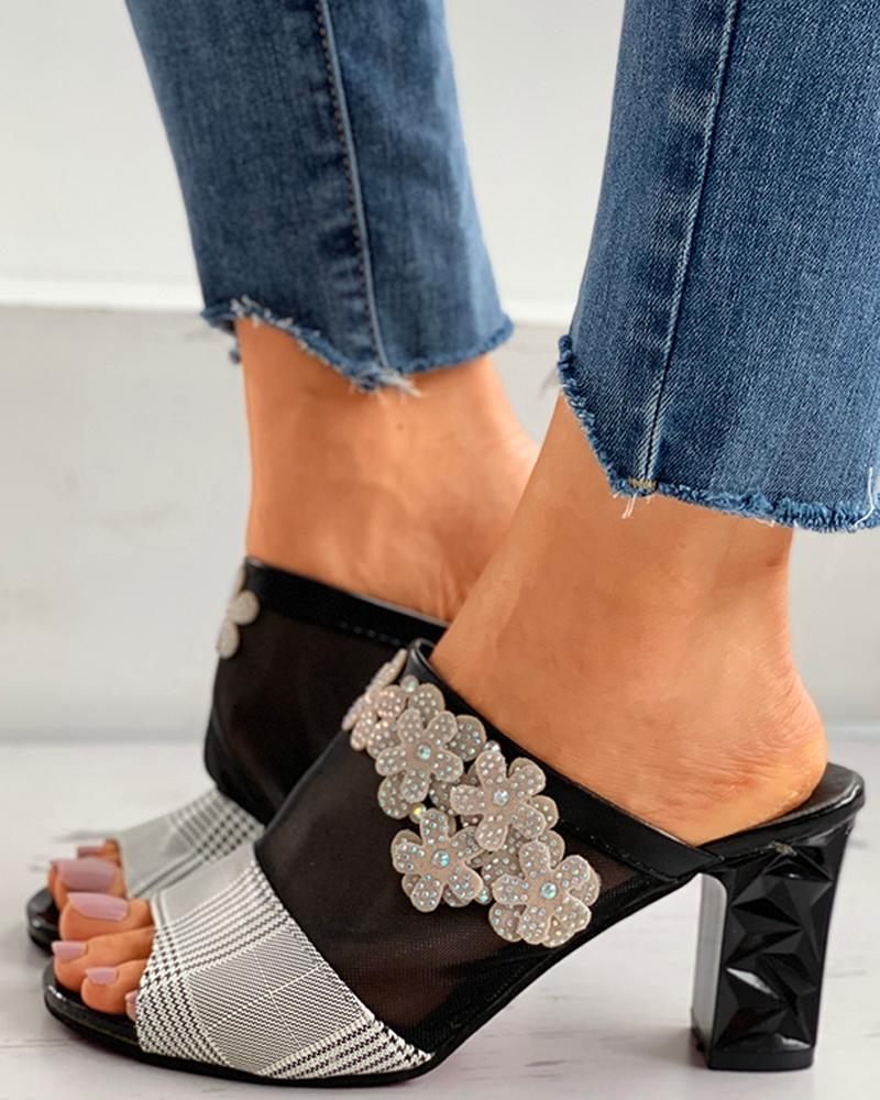 

Floral Pattern Beaded Gingham Print Mesh Chunky Heels, Black