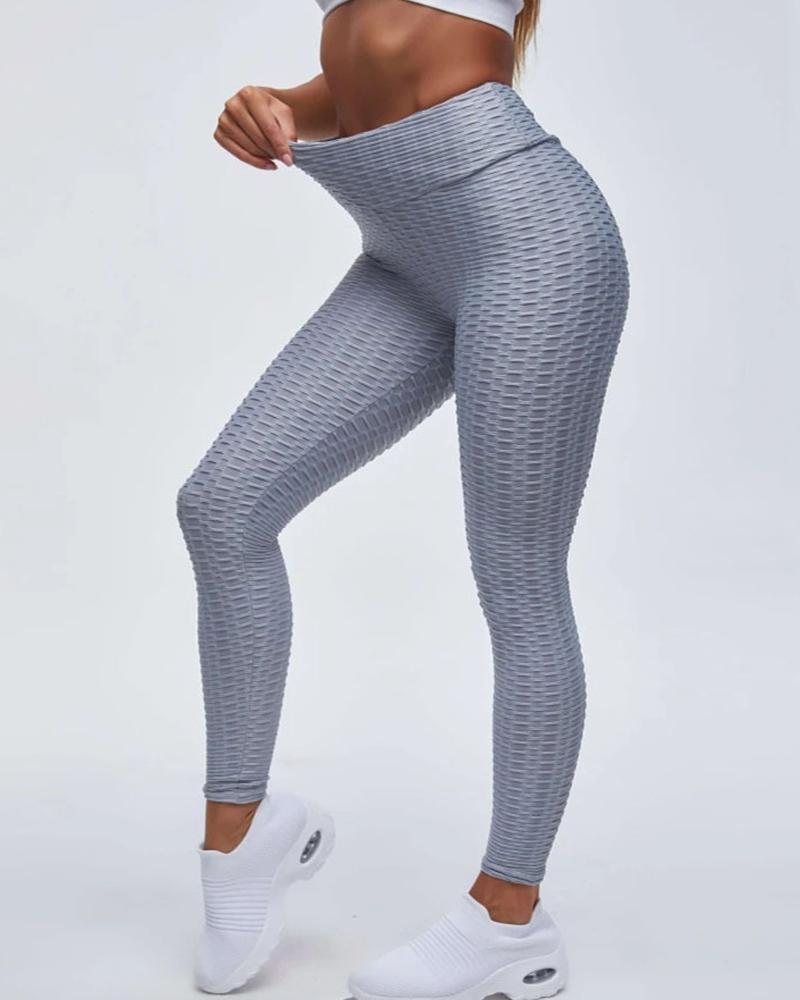 

Plain High Waist Textured Elastic Sports Leggings, Gray