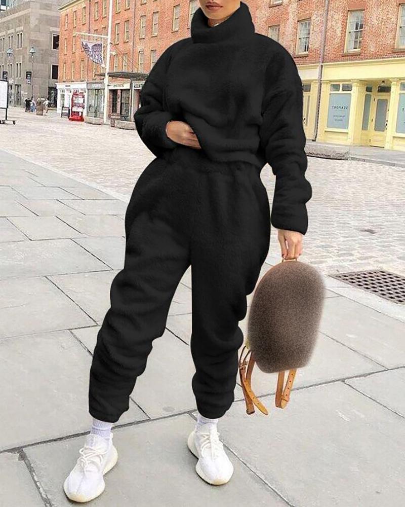 

Plain Long Sleeve Teddy Top & High Waist Pants Set, Black