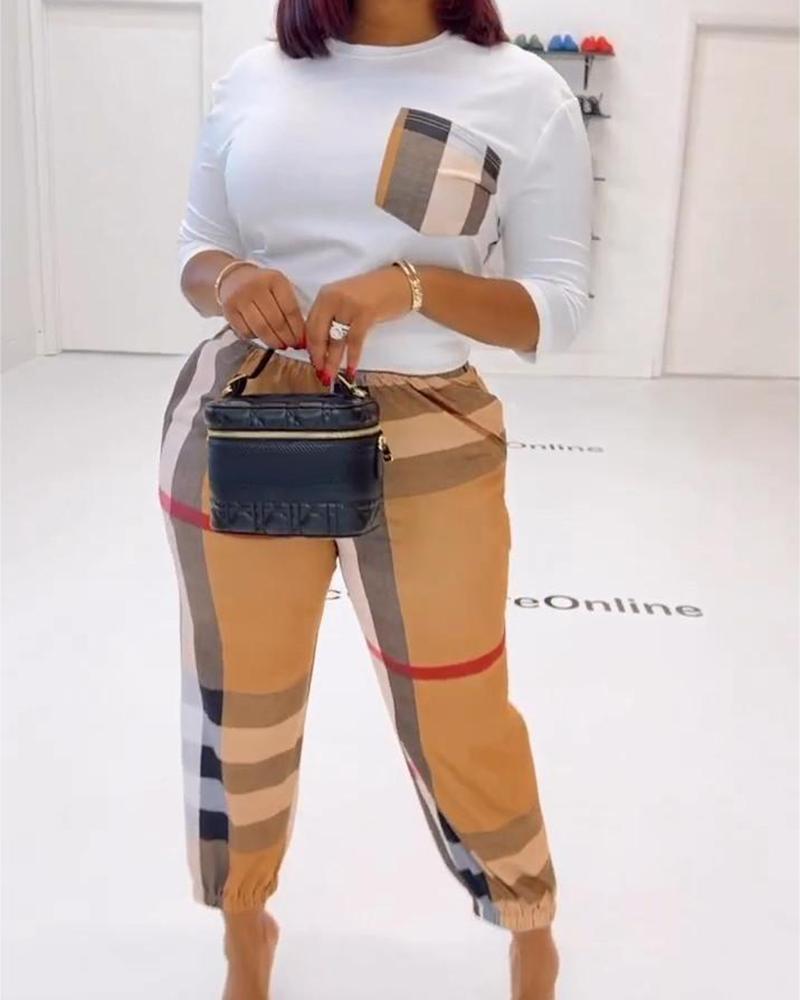 

Plaid Print Pocket Design Half Sleeve Top & Cuffed Pants Set, White