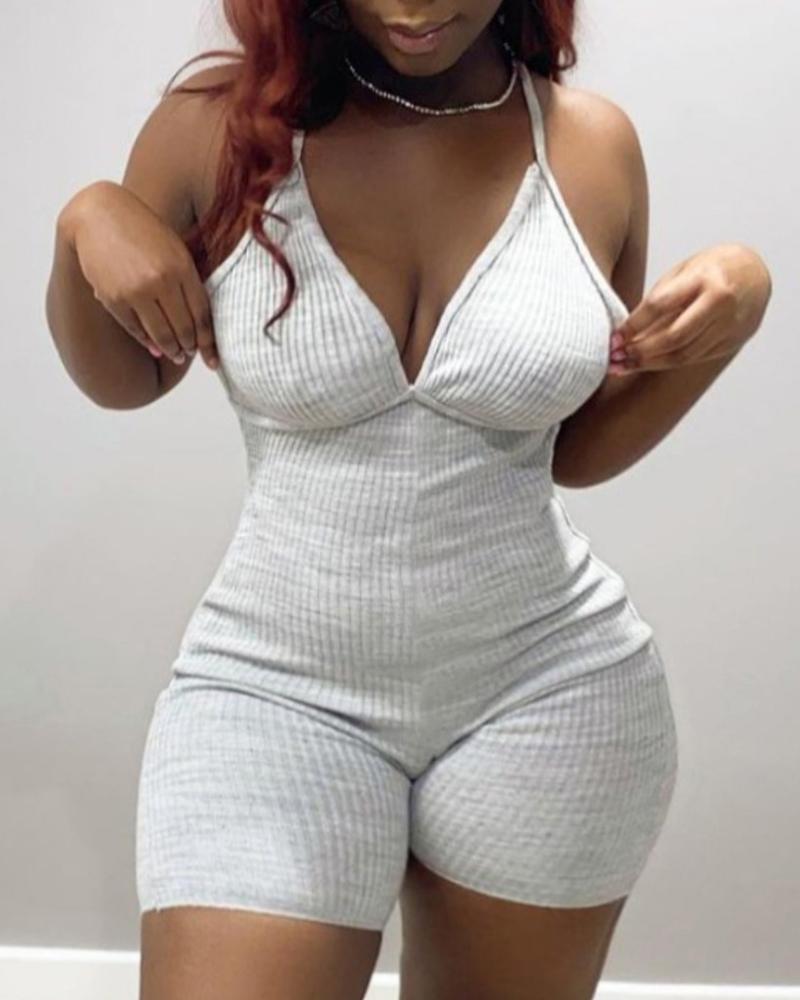 

Ribbed Halter Sleeveless Skinny Romper, White