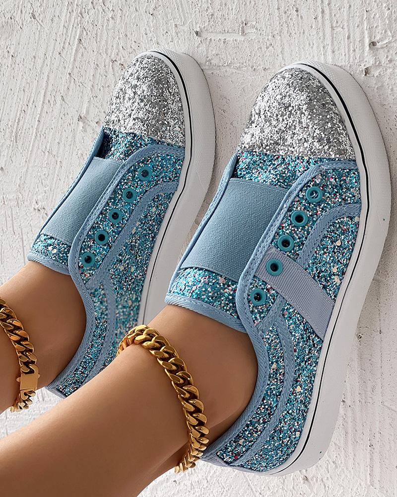 

Contrast Sequin Eyelet Slip-On Sneakers, Blue