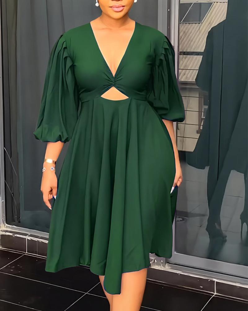 

Twisted Cutout Lantern Sleeve Ruched Casual Dress, Green