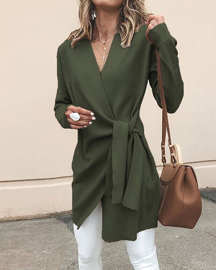 

Solid Wrapped Self-Belted Long Sleeve Coat, Army green