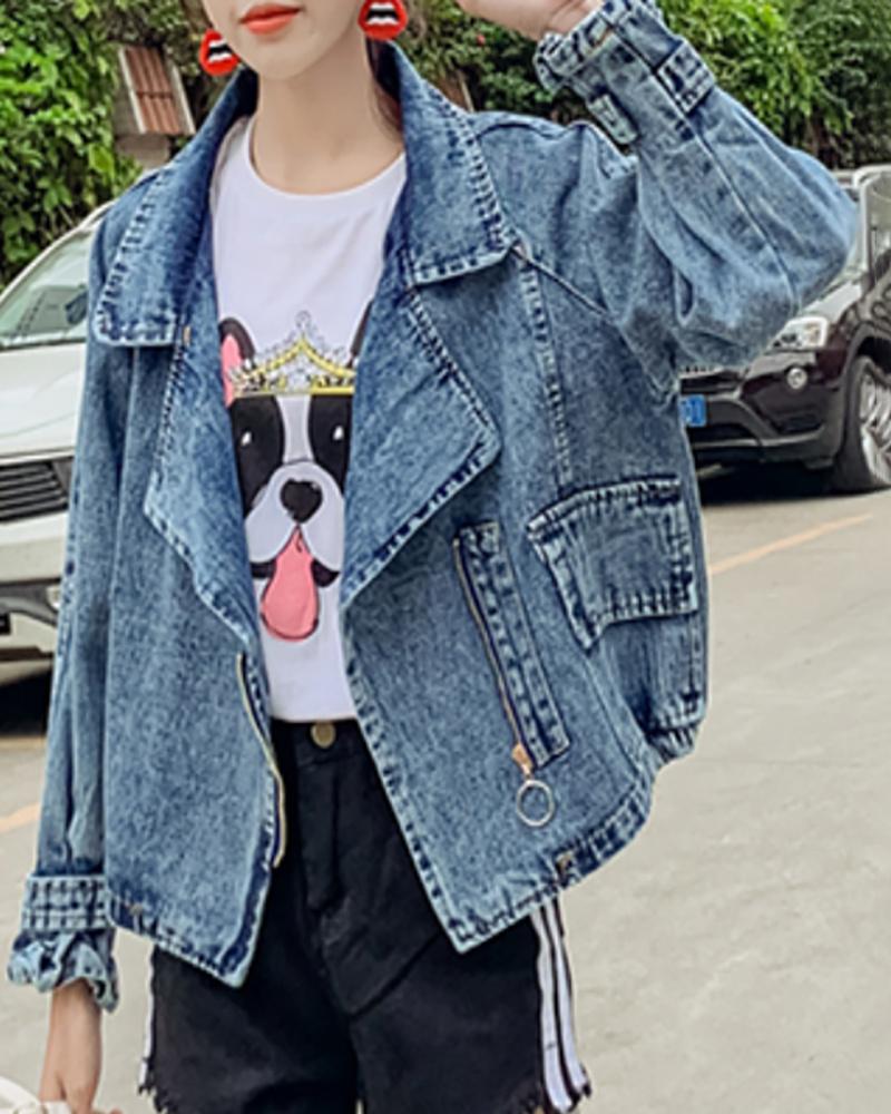 

Zipper Pocket Design Long Sleeve Denim Jacket, Blue