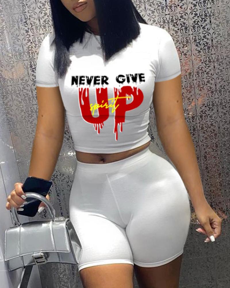 

Letter Print Short Sleeve Top & Shorts Set, White