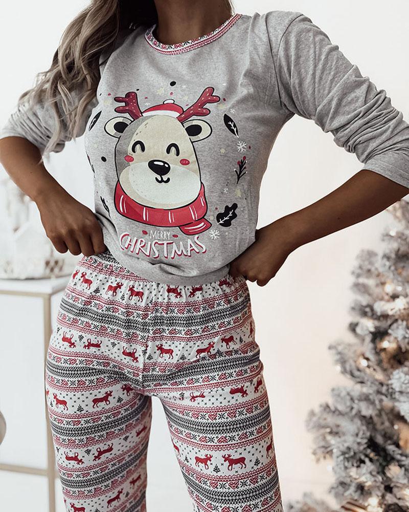 

Conjunto de pijama de 2 peças com estampa de rena de desenho animado de natal e floco de neve, gola redonda, blusa e calças de cintura alta, Light gray