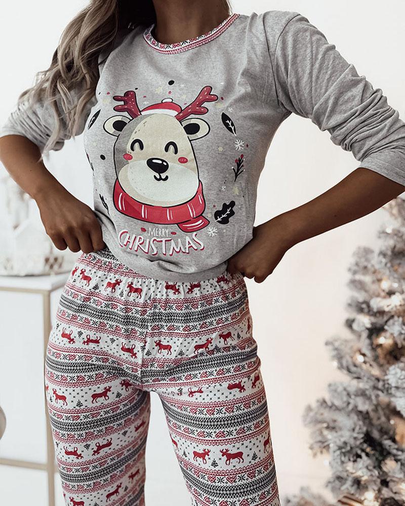 

Conjunto de pijama de 2 piezas con cuello redondo, pantalones y cintura alta con estampado de copos de nieve y renos de dibujos animados navideños, Light gray