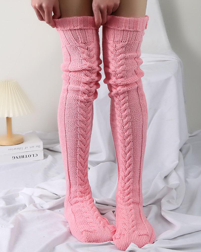 

1Pair Thigh High Cable Knit Leg Warmers Winter Warm Long Boot Socks, Pink