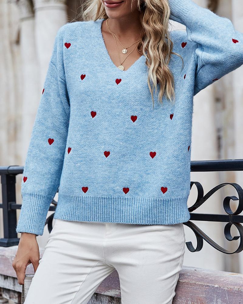 

Heart Print Long Sleeve Casual Sweater, Blue