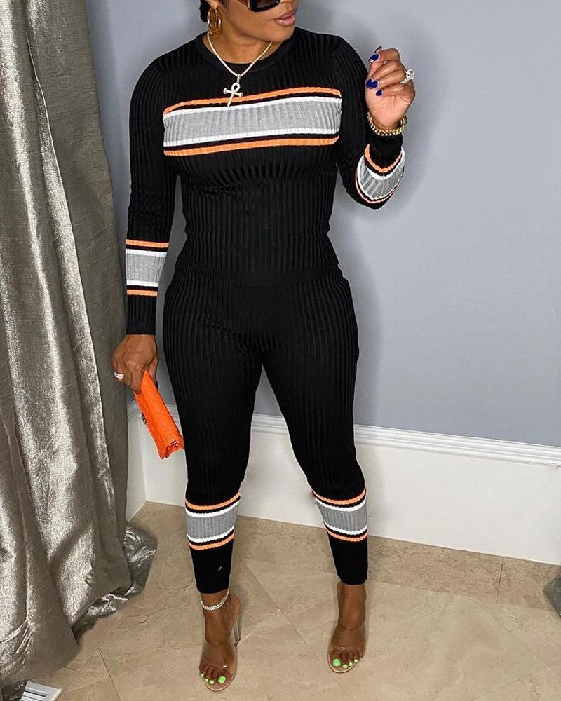 

Striped Long Sleeve Ribbed Top & Pants Set, Black