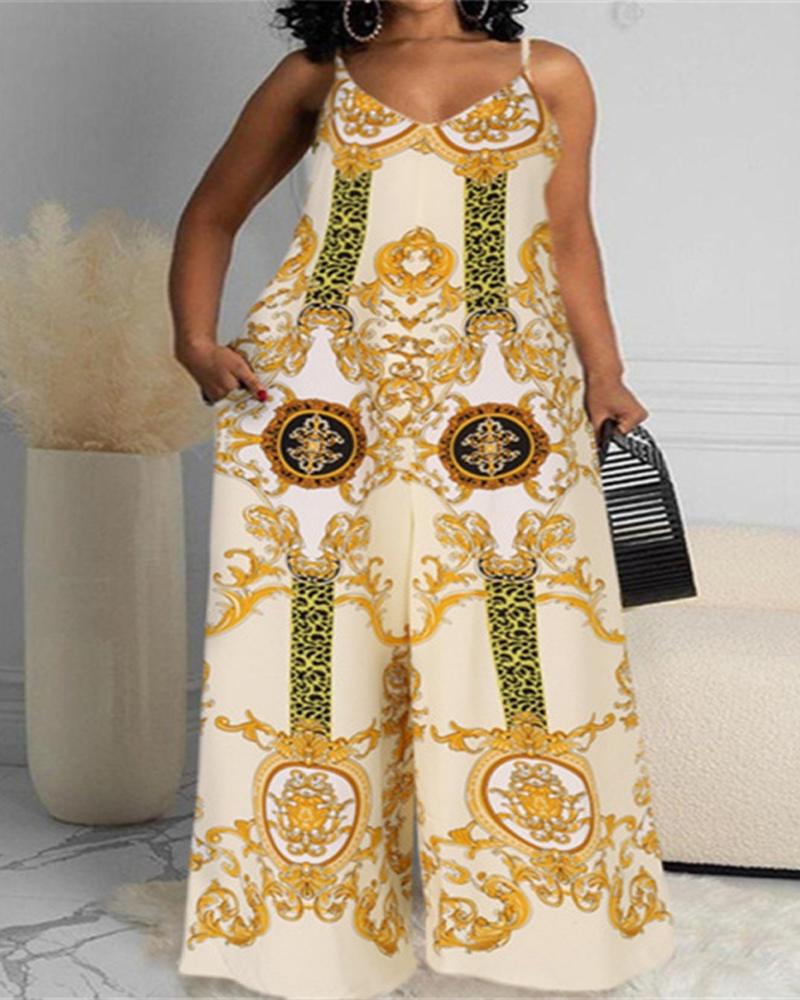 

Plus Size Baroque Print Wide Leg Jumpsuit, Yellow