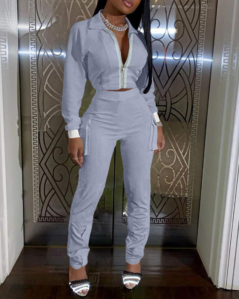 

Zipper Design Long Sleeve Crop Top & High Waist Pants Set, Gray