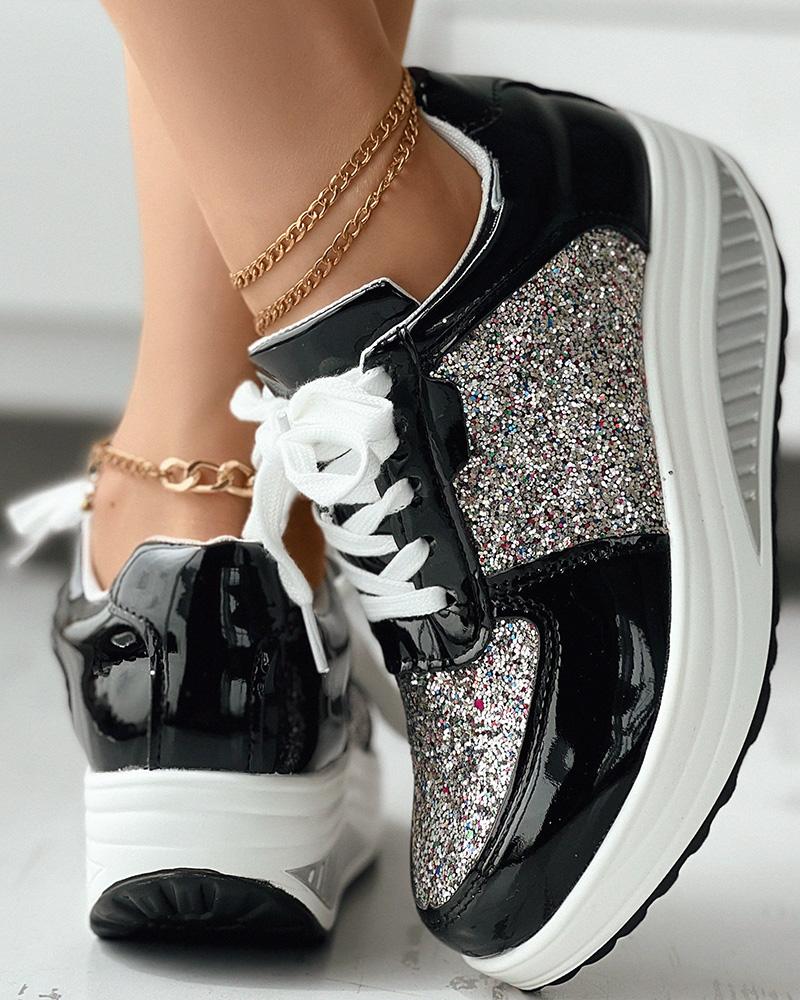 

Colorblock Glitter Lace-up Wedge Sneakers, Black
