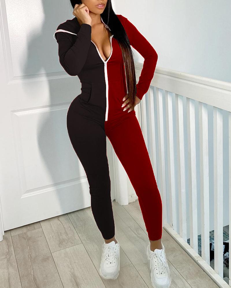 

Zipper Design Colorblock Hooded Jumpsuit, Red