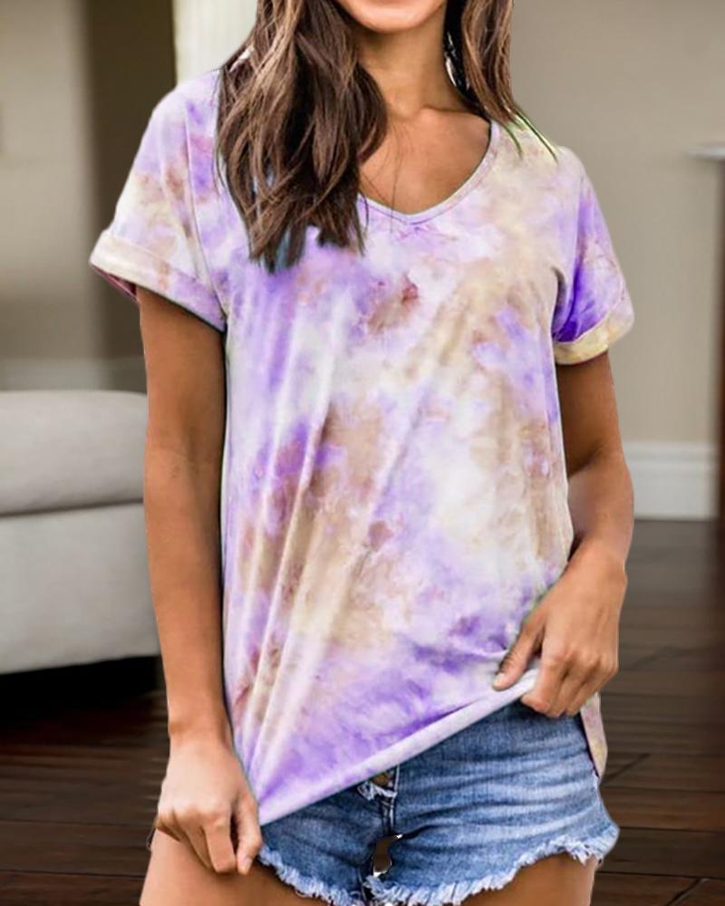 

V-neck Tie Dye Print Casual T-shirt, Purple