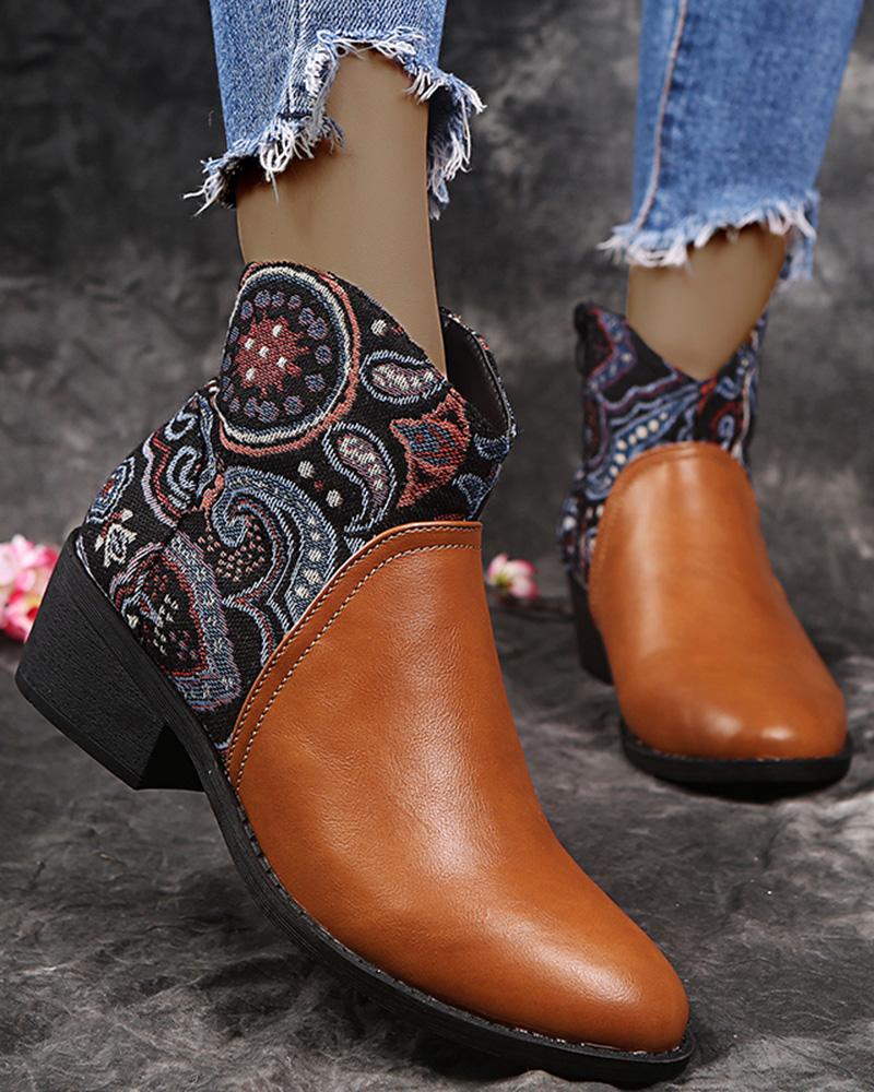 

Paisley Embroidery Colorblock Chunky Cowboy Boots, Brown