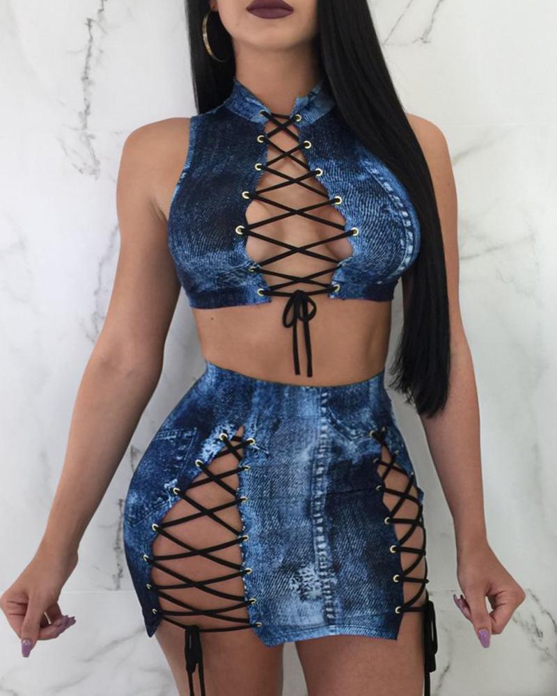 

Tie Dye Sleeveless Strappy Tanks With Skinny Mini Skirts Sexy Sets, Blue