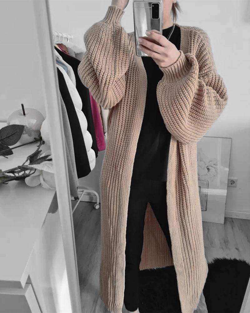 

Open Front Bishop Sleeve Drop Shoulder Longline Cardigan, Khaki