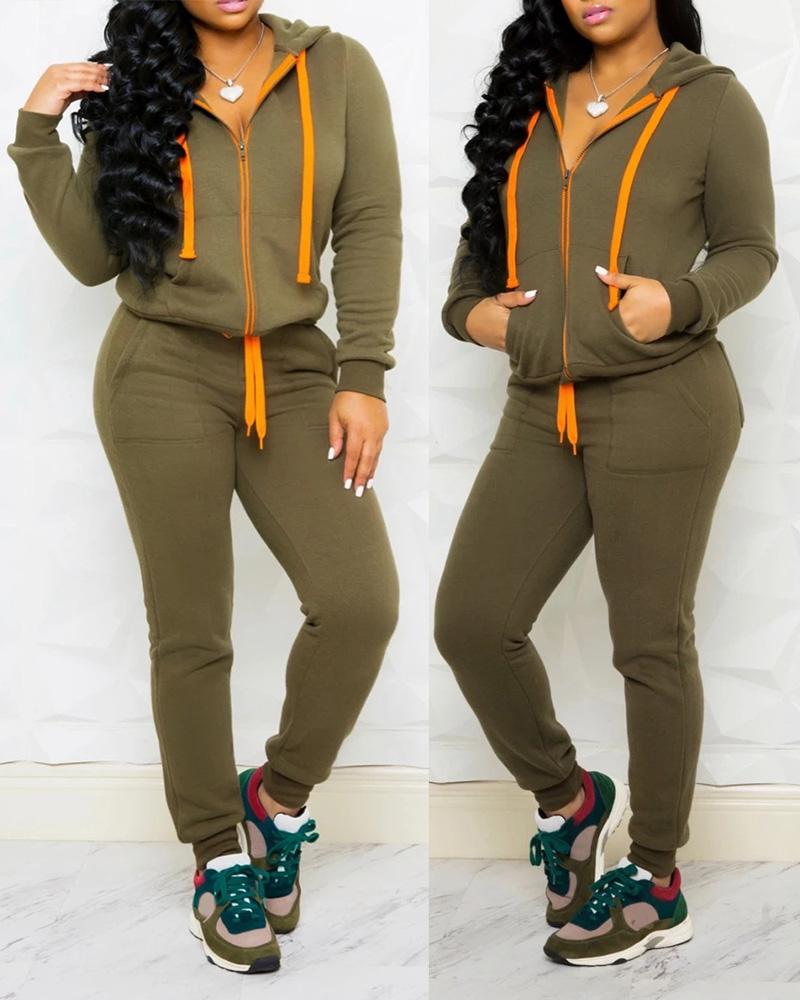 

Zipper Design Colorblock Hooded Top & High Waist Pants Set, Army green