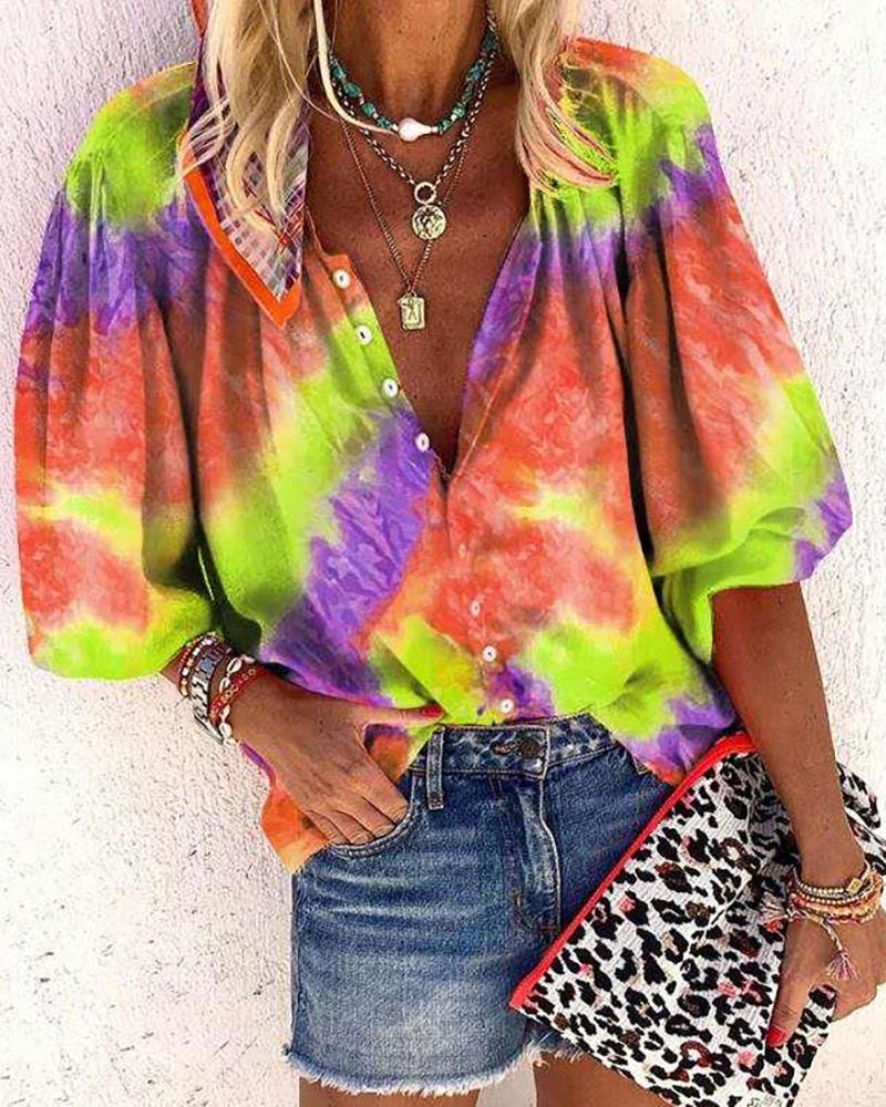 

Tie Dye Print Lantern Sleeve Button Down Casual Top, Orange