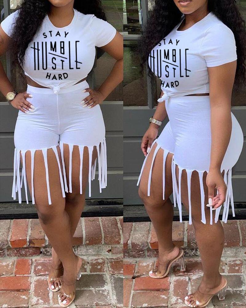 

Letter Print Crop O Neck Fringe Top & Shorts Sets, White